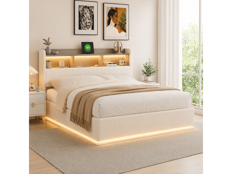 Lit hydraulique 160x200 avec éclairage led, lit coffre avec rangement et tête de lit capitonnée cadre de lit double avec led et chargeur usb lit 2 places avec lattes beige velours, sans matelas - Conforama B