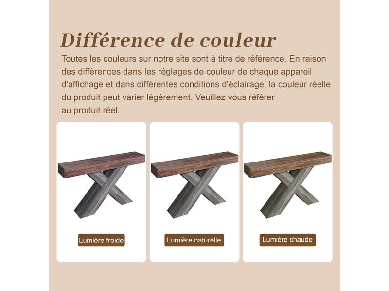  Console étroite à pieds en x, aspect bois, en panneaux de particules, idéale pour l'entrée ou le salon.  - Conforama E