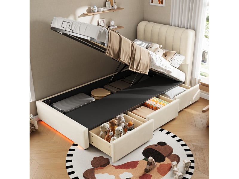  Lit coffre enfant 90x200 cm, design moderne, vérin hydraulique, avec 3 tiroirs et led, couleur beige, sans matelas  - Conforama B
