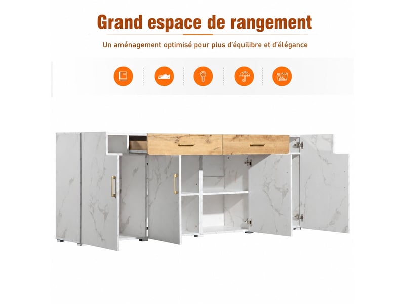  Buffet 4 portes 2 tiroirs meuble tv 208 cm blanc marbré et chêne  - Conforama R
