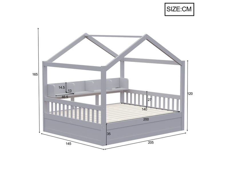  Lit enfant 140 × 200 cm – avec barrière de sécurité – avec espaces de rangement – ​​avec bande led et prise électrique – gris (matelas non inclus)  - Conforama C