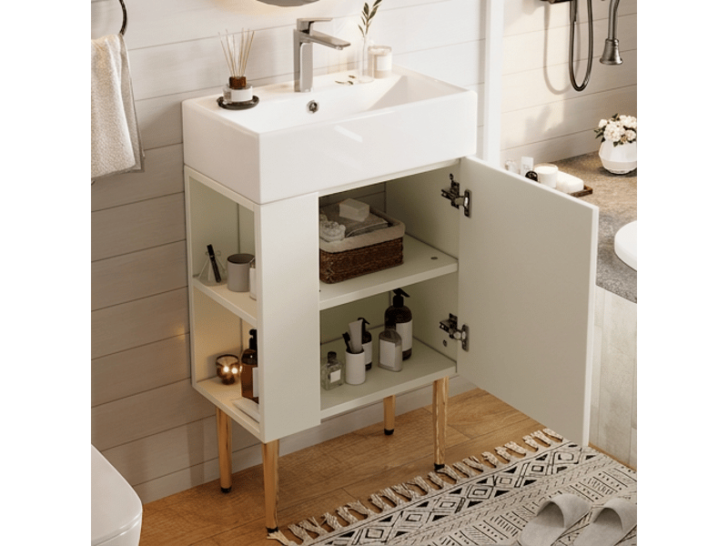 Meuble sous vasque 55 cm avec vasque en céramique, petit meuble pour toilettes invités, meuble de salle de bain blanc  - Conforama D