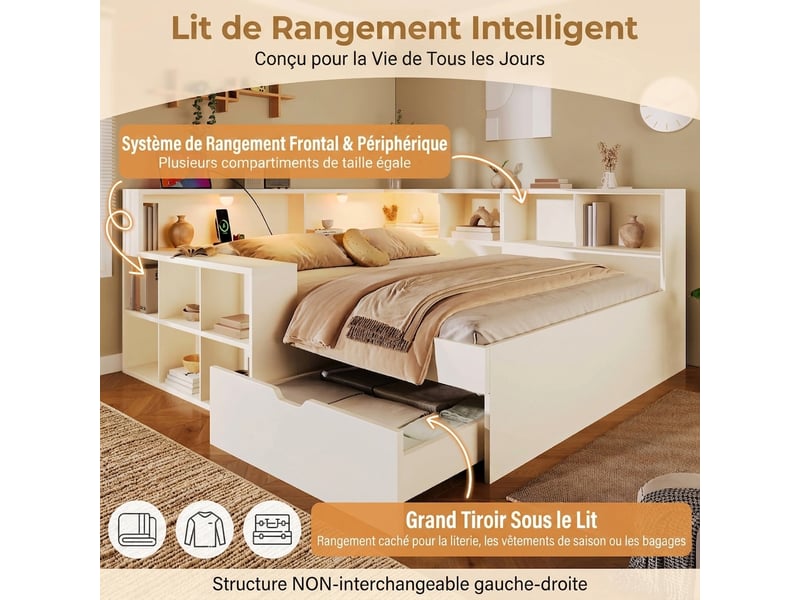  Lit 140x190 cm avec rangement, lit double en bois blanc avec lampes et tiroirs  - Conforama E