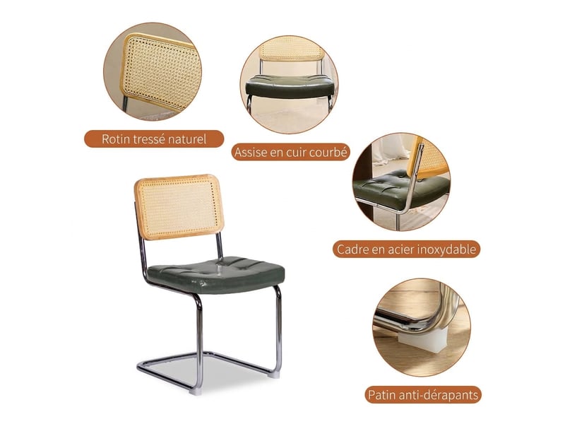  Lot de 4 chaises de salle à manger, chaises luge vertes avec dossier en rotin et structure en acier chromé, style moderne.  - Conforama C
