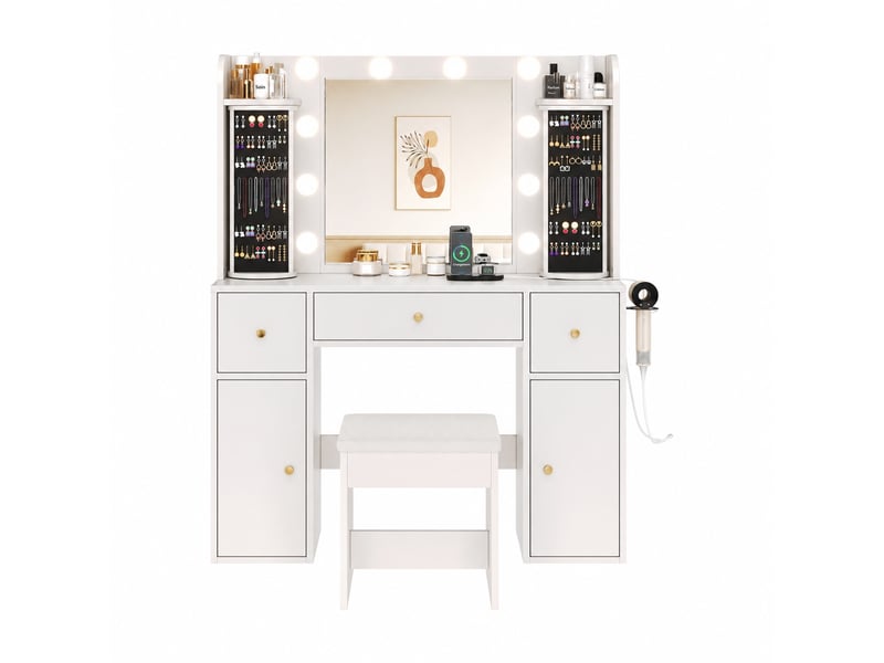 Coiffeuse blanche en panneaux de particules avec miroir, éclairage led réglable, 3 tiroirs et 2 placards. Dimensions : 115 x 40 x 142 cm.  - Conforama A