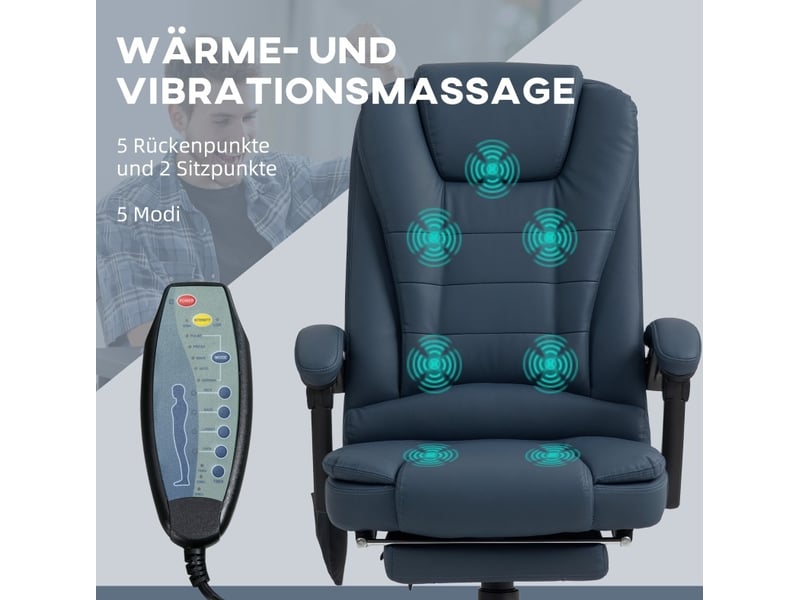  Fauteuil de bureau massant bleu avec repose-pieds et dossier inclinable  - Conforama D