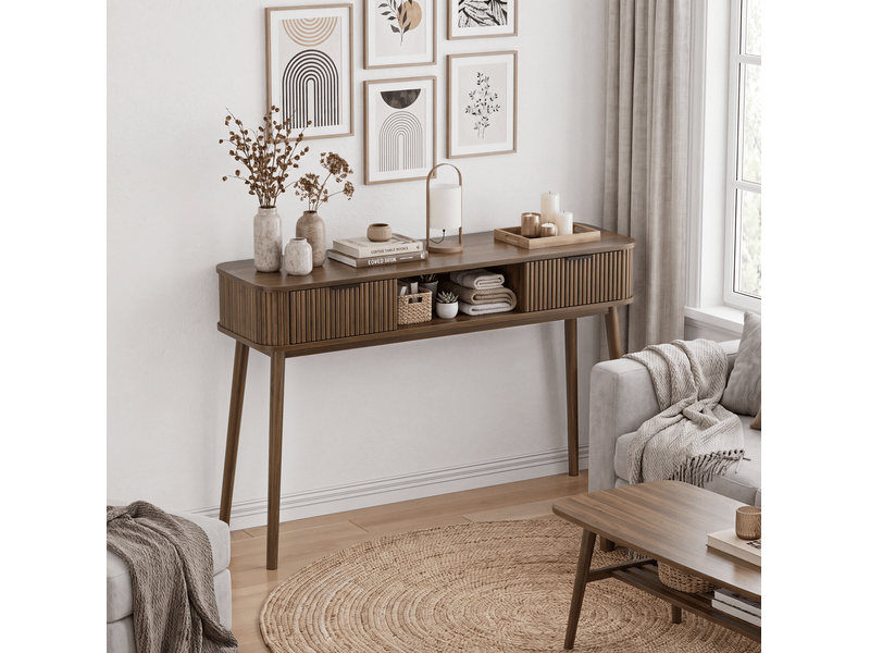  Table console avec 2 tiroirs et niche ouverte 120 cm noyer evryae  - Conforama D