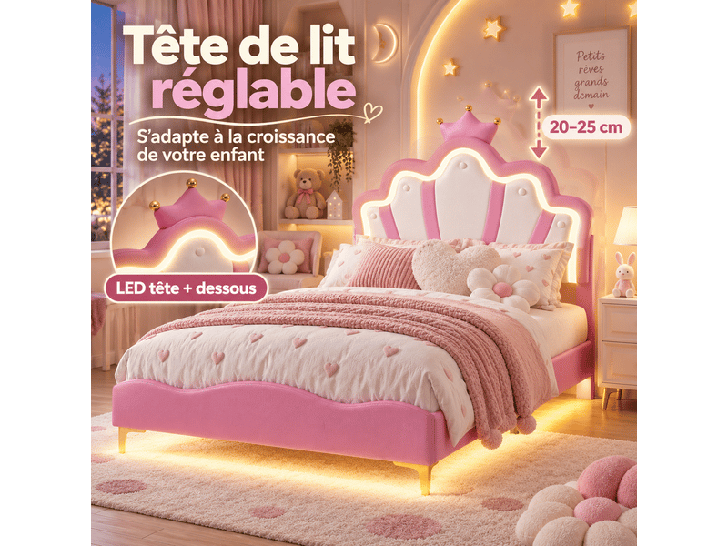  Lit enfant 140x190 avec sommier - éclairage led rgb - lit fille princesse avec tête de lit réglable - décor couronne -similicuir - lit enfant 140x190 avec led réglables -lit fille avec tête de lit en forme de couronne -lit une p…  - Conforama W