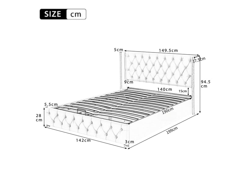  Lit double 140 x 190 cm avec coffre hydraulique en velours beige  - Conforama E