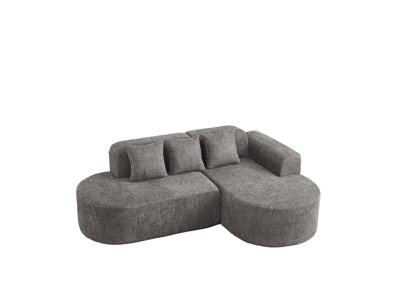 Canapé d’angle droit 3 places 222x157 cm - méridienne droite, design arrondi wabi-sabi, 3 coussins inclus, canapé chenille gris - Conforama A