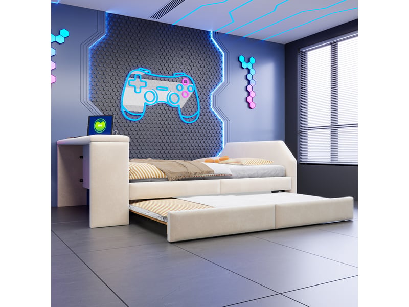  Lit gigogne enfant 140 x 200 cm avec bureau intégré et port usb, lit banquette avec tête de lit rembourrée, velours, beige Morn Vibe - Conforama D
