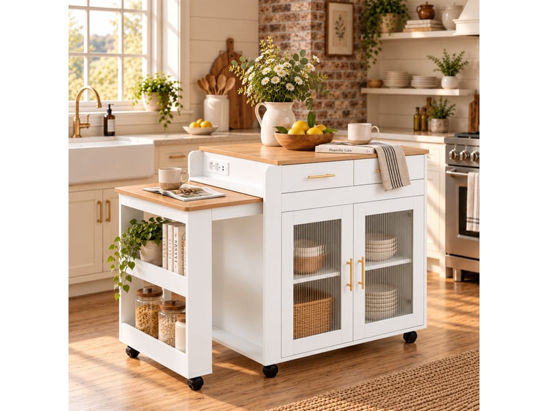  Îlot de cuisine extensible blanc avec prises et rangements 177 cm Fay Lum - Conforama D