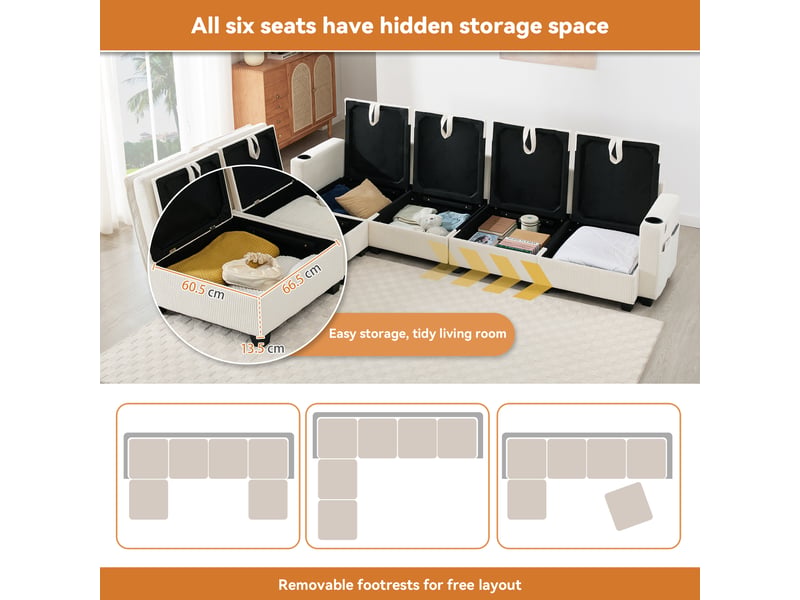 Canapé d'angle panoramique fixe 6 places velours côtelé beige coffre de rangement canapé d'angle beige - Conforama E