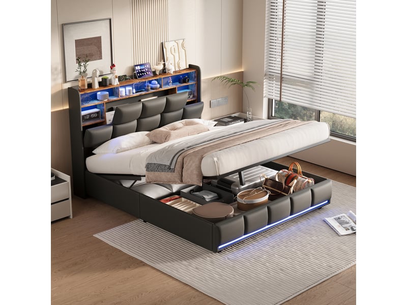  Lit double coffre - 140 x 200 cm-noir - en similicuir pu, avec tête de lit de rangement, double éclairage led, ports de charge et vérins hydrauliques  - Conforama E