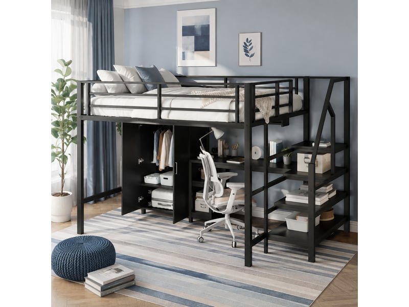  Lit surélevé enfant noir 140 x 200 cm avec armoire, étagères et bureau  - Conforama C