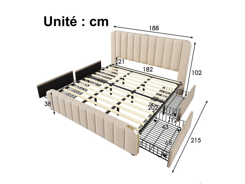  Lit avec rangement 180x200 - lit rembourré avec fonction usb type-c et 4 tiroirs - lin - sans matelas - beige  - Conforama C