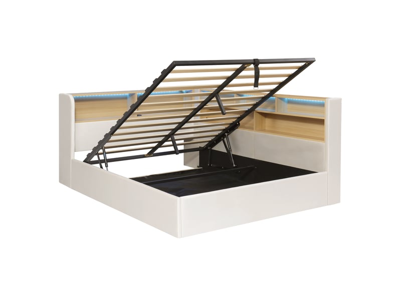  Daybett 140x190 cm mit hydraulischem stauraum, polsterbett, tagesbett, schlafsofa mit led, usb &amp; rückenlehne, samt, beige  - Conforama D