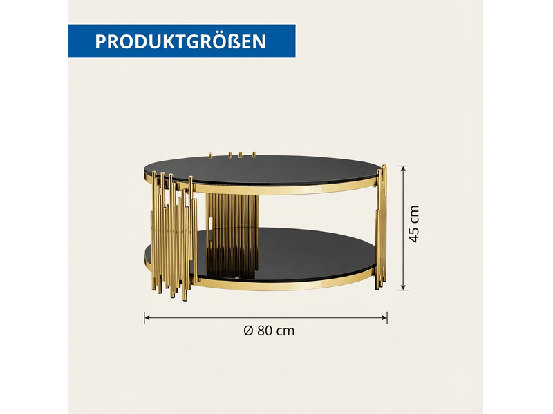  Table basse ronde 80x80x45 cm en verre trempé noir et acier inoxydable doré  - Conforama C