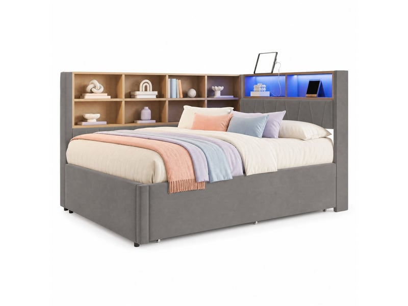 Lit banquette 140x200 cm – gris foncé – lit gigogne 90x190 cm, led, prises et rangements – sans matelas - Conforama A