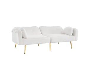 Canapé convertible scandinave 2 places 175x79x82cm, laine d'agneau tendre, mousse, pieds métal, dossier à 3 positions, blanc