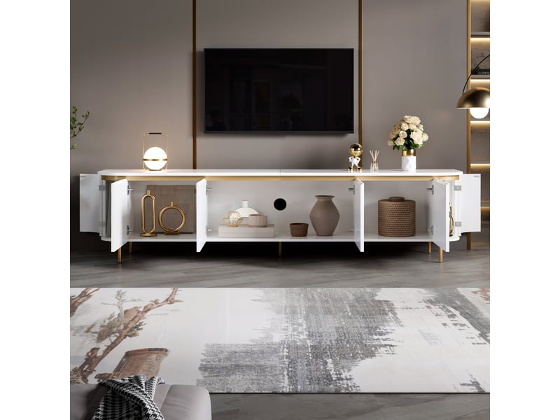  Meuble tv bas en mdf avec 6 portes, pieds métal, extrémités arrondies, façade rainurée et passe-câbles, rangement moderne pour salon, pour aménagement intérieur moderne OPULERANE TRADING LTD - Conforama E