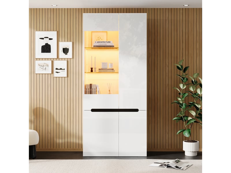 Vitrine haute 80x35x180 cm avec led bluetooth, 4 portes, 8 compartiments, 2 étagères en verre réglables, façade brillante, mdf blanc - Conforama B
