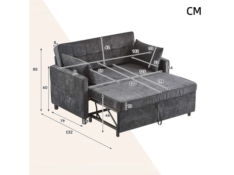  Canapé droit, 85×142×75 cm, avec fonction lit, dossier réglable, mousse haute densité, tissu en chenille, noir  - Conforama C