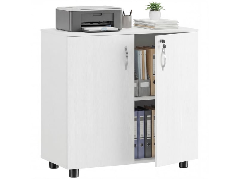  Armoire de bureau à 2 niveaux, meuble de rangement bureau avec 2 portes, serrures et clés, 80x40x80cm, blanc  - Conforama A