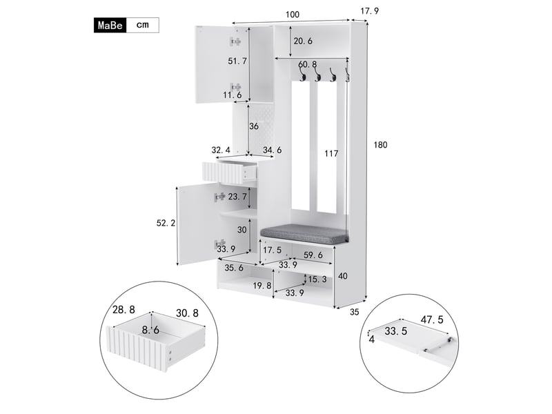  Meuble d'entrée avec banc rembourré, 4 crochets, armoire, 2 tiroirs et niches pour entrée en mdf blanc, 100 × 35 × 180 cm  - Conforama E