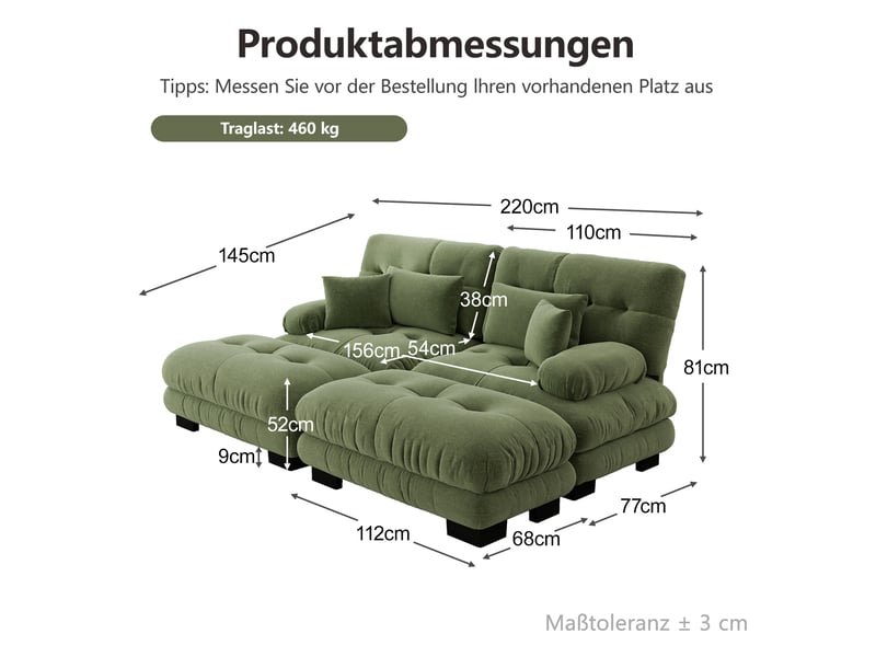 Canapé d’angle modulable 2 places en chenille vert avec 2 poufs - Conforama E