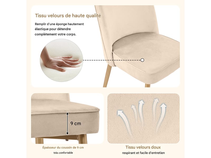  Lot de 4 chaises de salle à manger en velours beige pieds en métal doré  - Conforama E
