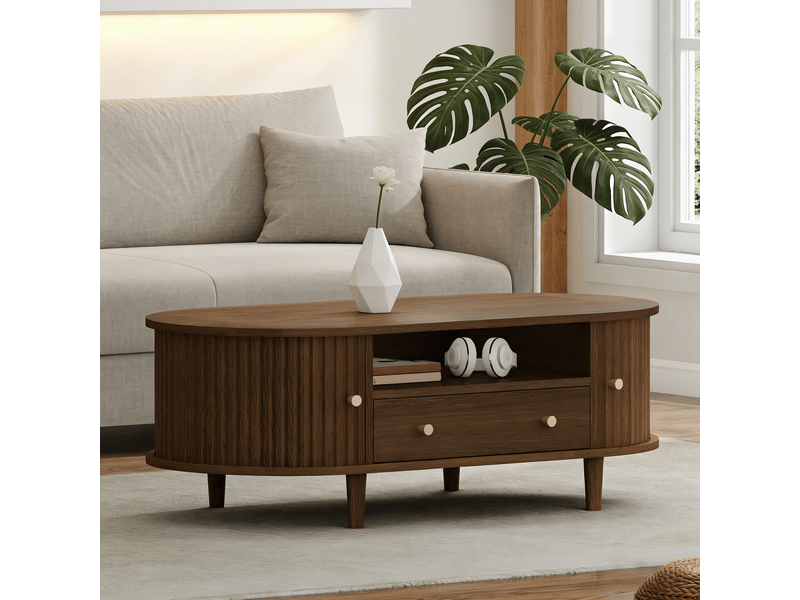  Table basse ovale, avec 1 tiroir, rangement ouvert et 2 portes coulissantes, mdf, noyer, 100 × 50 × 36 cm  - Conforama C