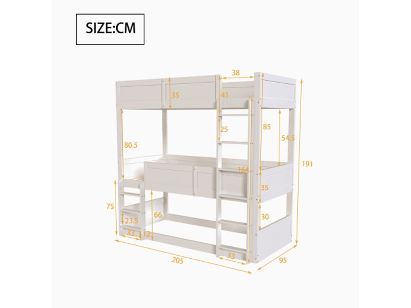  Lit superposé 90x200 cm, lit enfant avec haute clôture, en bois, blanc, sans matelas  - Conforama D