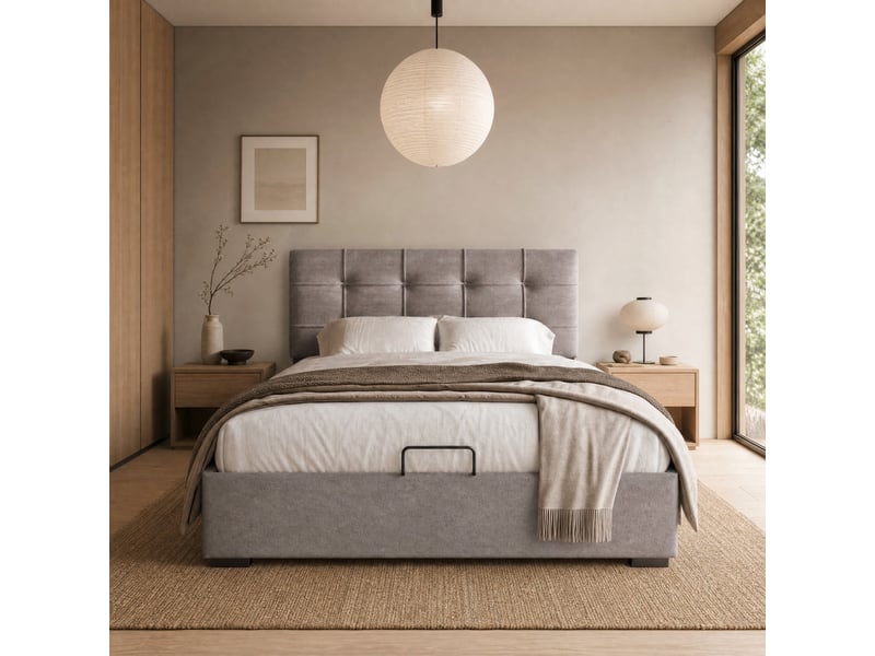  Lit coffre tcqpz 90 x 200 cm gris clair tête de lit réglable velours et métal  - Conforama E