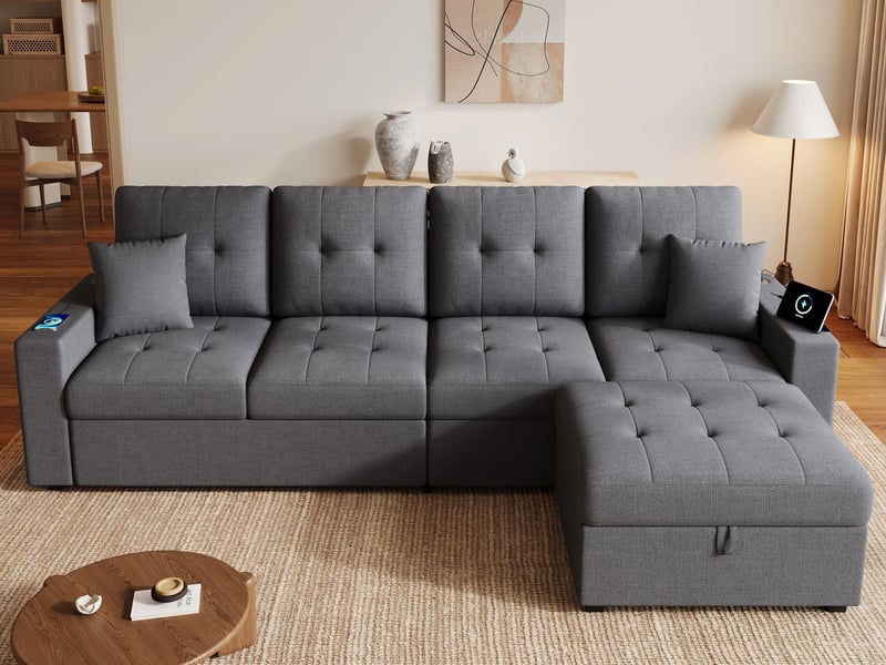  Canapé d'angle en l ,4 places, avec éclairage d'ambiance led,  rangement à deux niveaux, 253 x 144 x 80cm,gris  - Conforama B