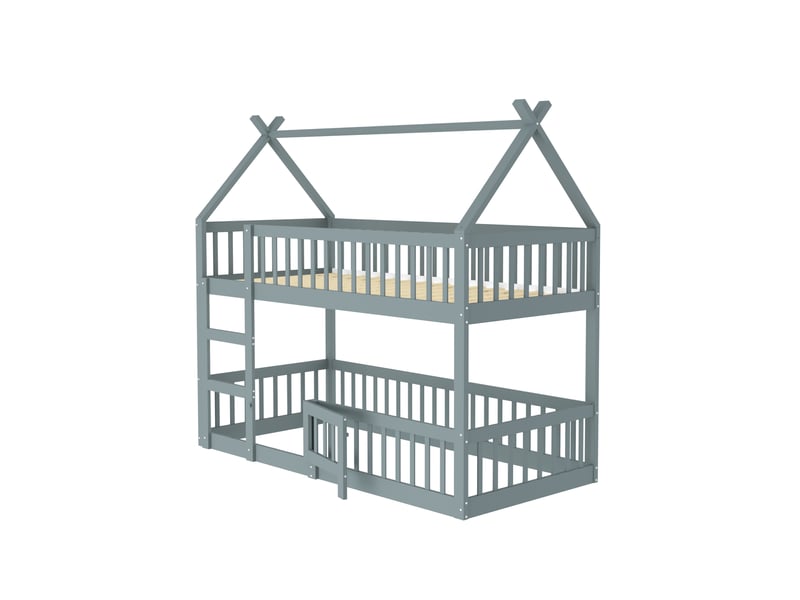  Lit superposé enfant 90x200 cm avec escalier bois gris sans matelas  - Conforama D