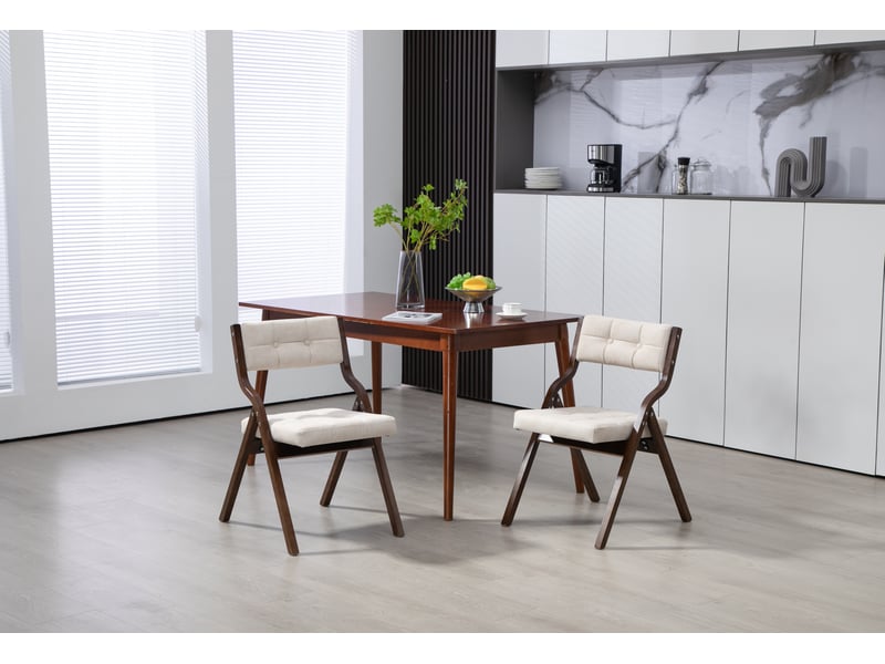  Chaise de salle à manger pliable lot de 2 avec assise et dossier rembourrés en bois et velours crème  - Conforama B