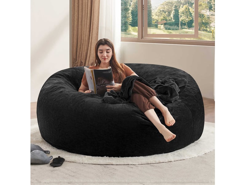 Pouf géant rond 150x150x60 cm en velboa noir à mousse mémoire de forme - Conforama B