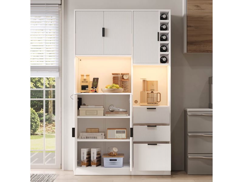 Buffet - 105x 40x180 cm - meuble de rangement avec station de charge, éclairage led connecté, tiroirs et casier à vin - blanc - Conforama D