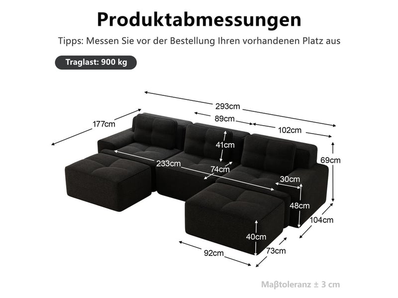  Canapé modulable en u 3 places avec ottomane en velours côtelé noir, sans montage  - Conforama C