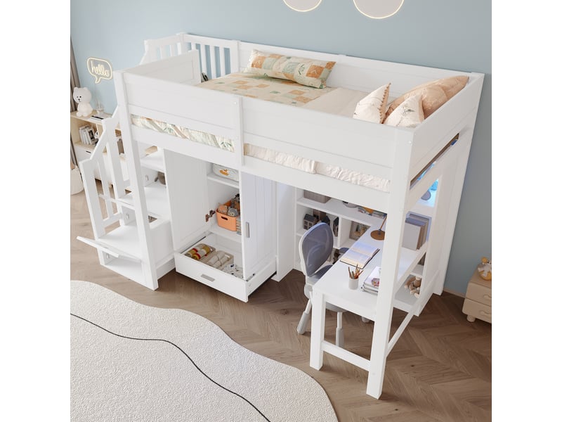  Lit mezzanine 90x200 cm blanc, avec bureau, rangements, placard, tiroir, escalier de rangement, led, sommier inclus, sans matelas  - Conforama R