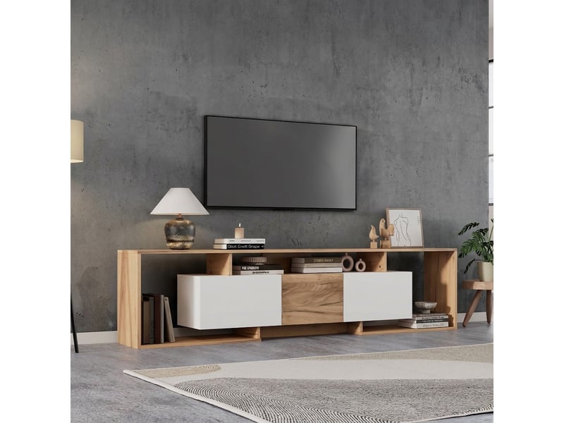  Meuble tv blanc et bois naturel 180 cm avec 3 portes et 3 niches ouvertes, pour tv jusqu'à 85 pouces  - Conforama E