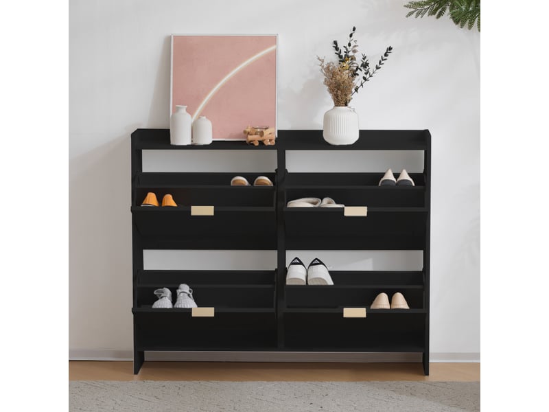  Meuble à chaussures ultra-plat arche médiévale, 4 abattants, étagères ouvertes réglables, porte-parapluie, 110 x 90 x 24 cm, blanc ou noir  - Conforama E