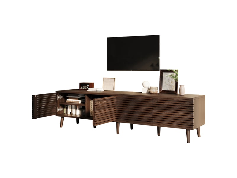  Meuble tv 180 cm pour tv 75 pouces - 4 portes à lattes couleur noyer avec passe-câbles  - Conforama A