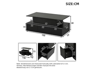 Table basse relevable, 100x50x40 cm, avec 4 tiroirs et led, mdf, noir