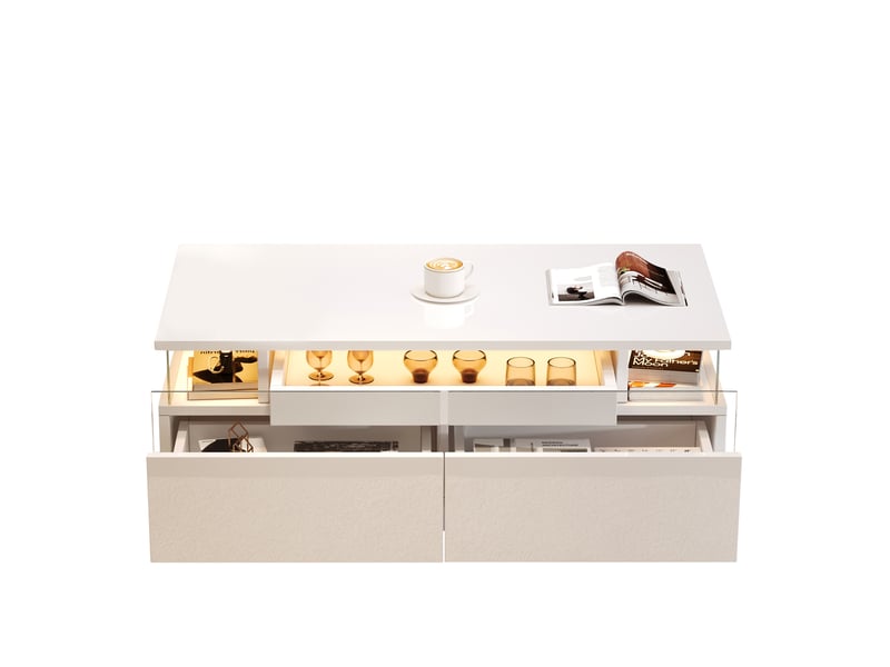  Table basse blanche brillante 90x45x35.5 cm, table de salon avec led, 2 tiroirs acrylique et plateau amovible  - Conforama D