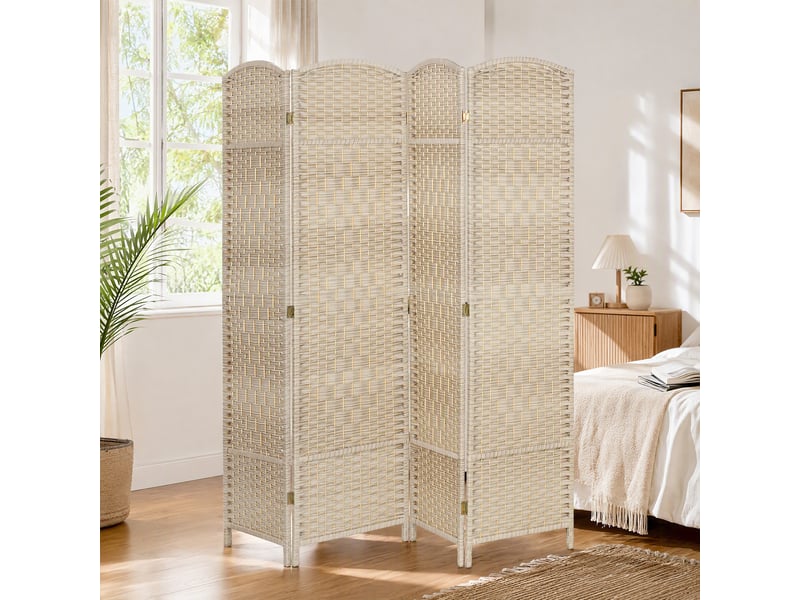  Paravent intérieur 4 panneaux pliables en bois séparateur de pièce style bohème tissé  - Conforama D