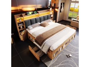 Lit double 160x200 avec rangement - tête de lit led - tables de chevet avec usb et usb-c - sans matelas