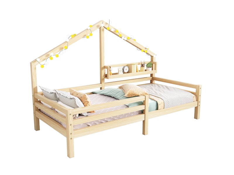  Lit cabane enfant avec étagère 90x200 cm en pin naturel  - Conforama A