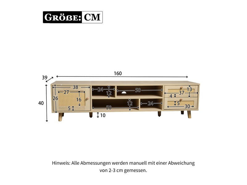  Meuble tv contemporain 160 cm bois et rattan – pour tv 70, 2 tiroirs, 1 porte, gestion des câbles, meuble bas salon  - Conforama C
